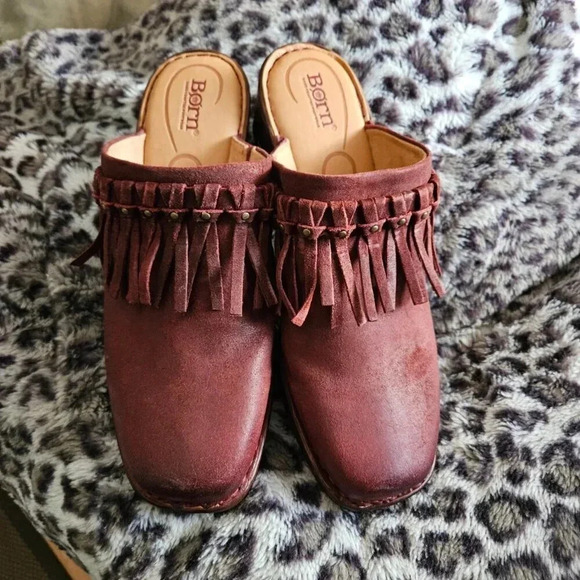 Born | Harmony Distressed Rust Leather with Fringes  Boho Mules Clogs - Size 11M - Picture 9 of 9